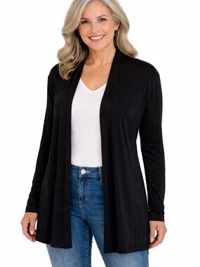 Chicos Travelers Cardigan Open Front Black Slinky Stretch Medium